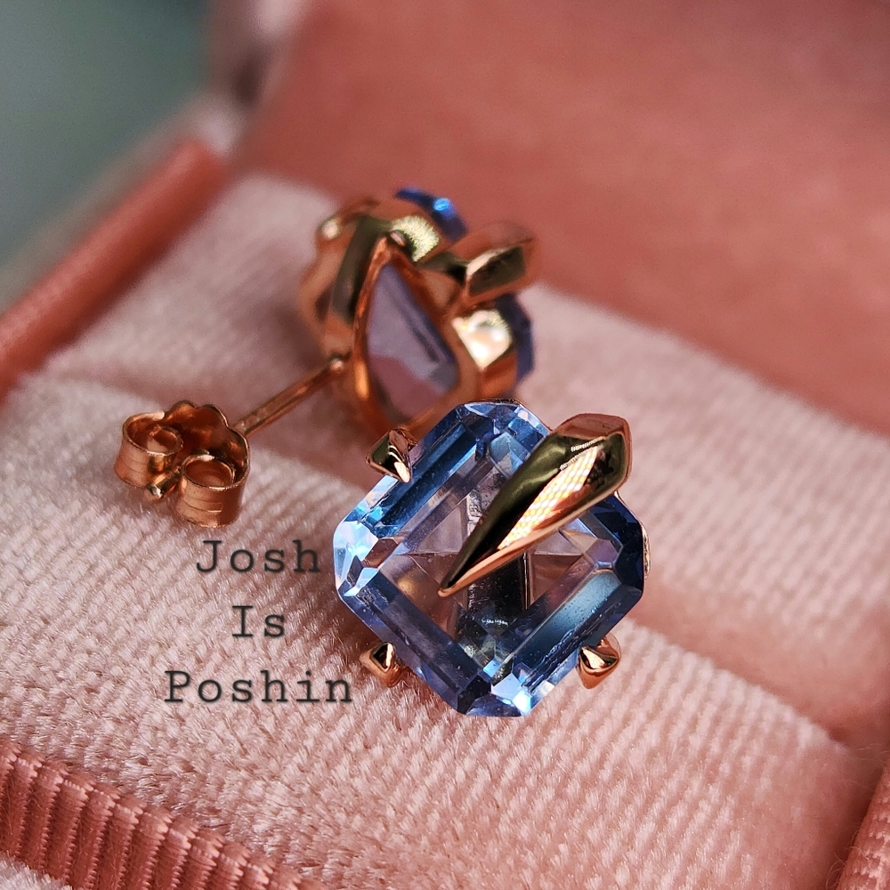 9*9MM Square Blue Topaz stud earrings in rose gold over sterling silver